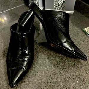 Tibi black patten leather mules